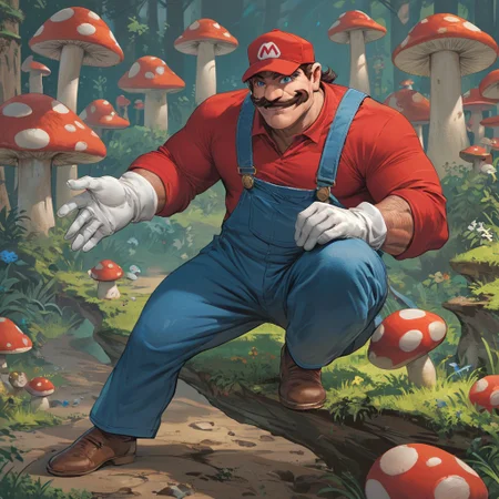 score_9, score_8_up, score_7_up, score_6_up, masterpiece, best quality, 1boy, super mario, mustache, short,red hat,blue overalls, long sleeve red shirt, white gloves, brown shoes, big nose, smile, mushroom kingdom, jump,blue eyes
