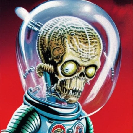 a portrait painting an alien in a clear space suit helmet in the style marsattacks, highly detailed