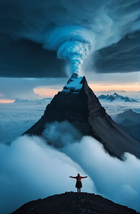 a epic vista, a group of young woman worshipping a giant goddess in the mist, by george perez, atmospheric, moody, at night, Dutch, aesthetical, frightening, prettyish, hair-raising, obscured, clouds, mist,
photorealistic, ultra detailed, ultra realistic, omuriceller, blue glacier volcano eruption, ultrawide lens, aerial photography, sunset, beautiful, cgsociety, artstation, 8 k