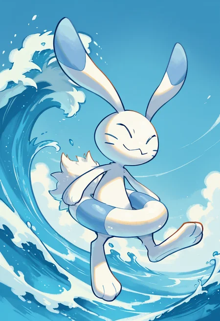 masterpiece, best quality, no humans, zzWarabbit, wave, smile, <lora:WarabbitPokedex_IXL:1.0>,