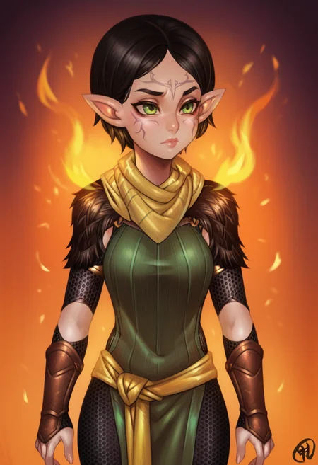 score_9, score_8_up, score_7_up, 1girl, solo, SulfS-M3rr1LL, pointy ears, face tattoo, facial mark, short hair, black hair, green eyes,
chainmail sleeves,green tunic, yellow scarf, fur trimmed shoulder pads, leather bracers,
detailed background, fire, casting spell, chibi,
<lora:Merrill_Dragon_age_2-000008:0.8>, <lora:Artist_Style_-_Filemonte_PDXL:1> filemonte-dh,