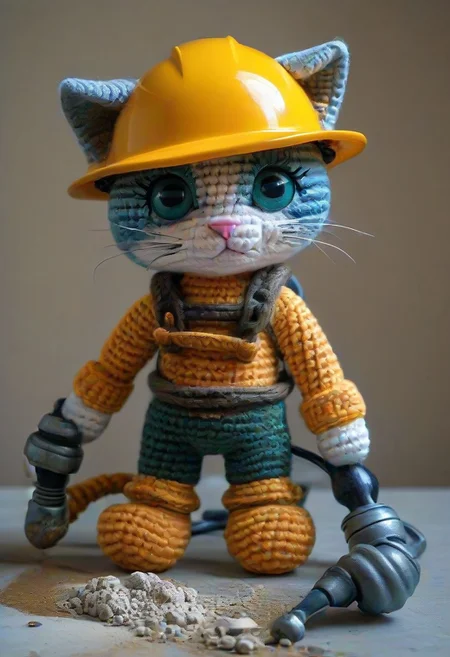 cat using large pneumatic drill to break concrete, hardhat, by saint exupery, crocheted style