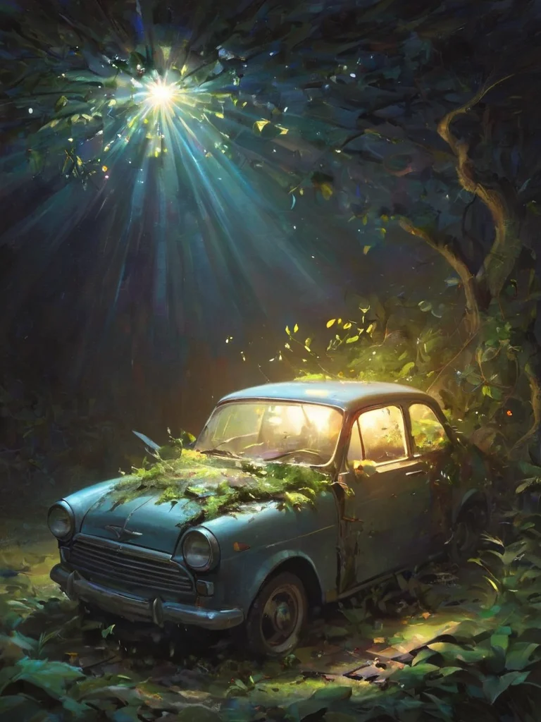 letitflrsh, let it flourish, broken car, radiating light, vegetation, illumination, atmospheric, scale, order, healing, light, hope, soothing, calm, <lora:- SDXL - letitflrsh_let_it_flourish_V1.0:.8>