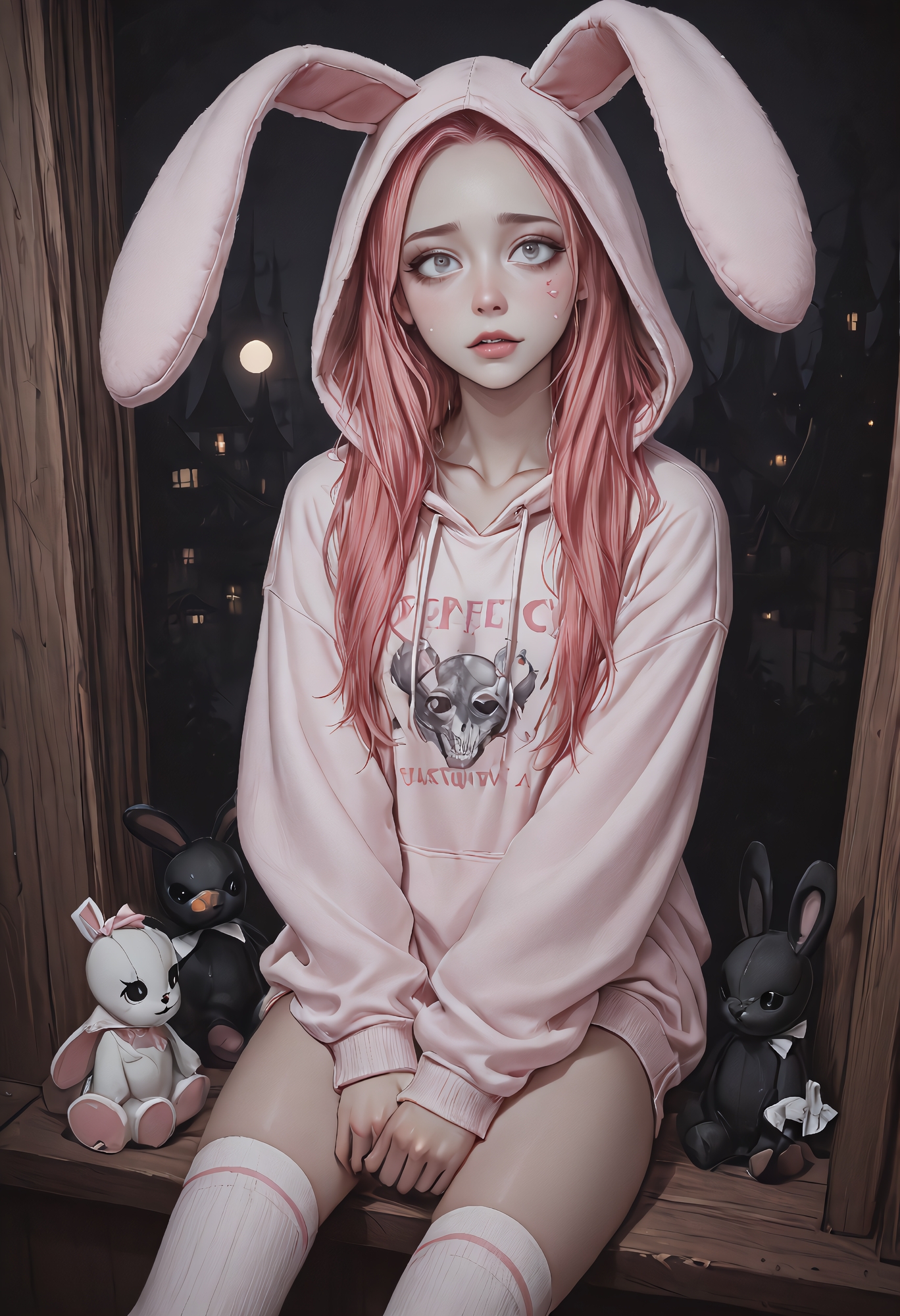 darkmode, (((best quality))), (((masterpiece))), (((amazing quality))), (((very aesthetic))), (((detailed eyes))), (((perfect eyes))), (((realistic eyes))), petite girl with short bubblegum pink hair and wide gray eyes, wearing oversized bunny hoodie and thigh-high socks, sitting on a windowsill under moonlight, soft cinematic lighting casting long shadows, subtle plush toys in background, shy expression, parted lips, pale glow on cheeks, noir childhood dream, dark fairytale tone, 58mm lens,