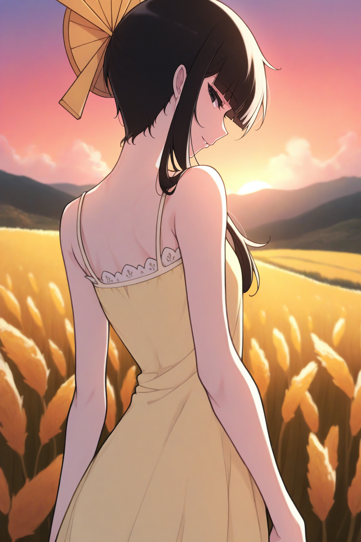 masterpiece, best quality, 1girl, solo, <lora:shutarasenjumaru-illu-nvwls-v1-000006:1> shsnju, short hair with long locks, blunt bangs, hime cut, black hair, sidelocks, black eyes, hair ornament, yellow sundress, looking back, from behind, looking at viewer, smile, sunset, mountains, field, bare arms