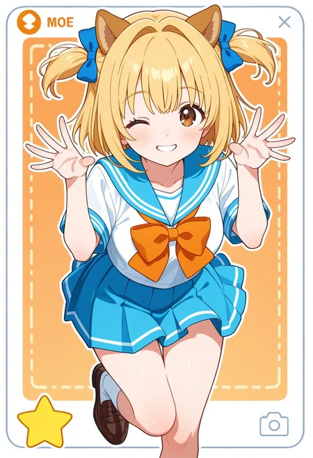 not ai art,not ai art,Intakes Hair,bangs,short twintails,short hair,dog ears,dog girl,serafuku,blue bow,blue orange bow,blonde hair,brown eyes,socks,white socks,shoes,ima_AI123,moe style,1girl,smile,wink star,hand pose,pose hand,perfect hand,icon,game icon