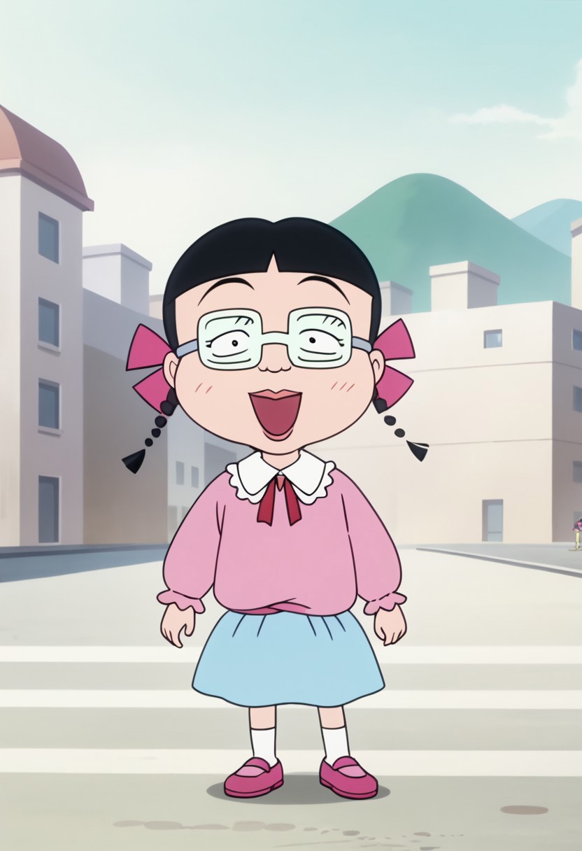 score_9, score_8_up, score_7_up BREAK MigiwaSan, 1girl, black hair, black eyes, blunt bangs, braided pigtails, pink ribbons, square crystal glasses, pink lipstick, white-collared pink long-sleeved shirt, light blue skirt, white socks, pink mary-jane shoes, solo, solo focus, female, female focus, full body, screenshot, official art, parody, anime footage, official design, screencap, anime screenshot, official screenshot, 2d, anime, source_anime, smiling at viewer, city outdoors, city background,