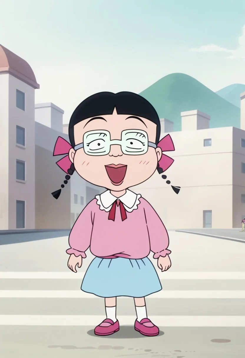 score_9, score_8_up, score_7_up BREAK MigiwaSan, 1girl, black hair, black eyes, blunt bangs, braided pigtails, pink ribbons, square crystal glasses, pink lipstick, white-collared pink long-sleeved shirt, light blue skirt, white socks, pink mary-jane shoes, solo, solo focus, female, female focus, full body, screenshot, official art, parody, anime footage, official design, screencap, anime screenshot, official screenshot, 2d, anime, source_anime, smiling at viewer, city outdoors, city background,