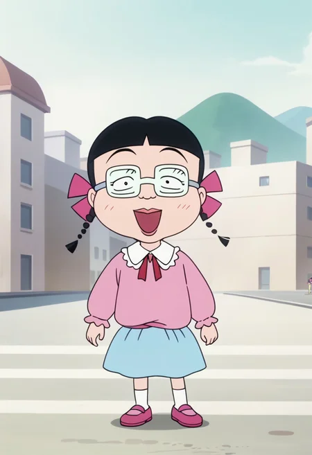 score_9, score_8_up, score_7_up BREAK MigiwaSan, 1girl, black hair, black eyes, blunt bangs, braided pigtails, pink ribbons, square crystal glasses, pink lipstick, white-collared pink long-sleeved shirt, light blue skirt, white socks, pink mary-jane shoes, solo, solo focus, female, female focus, full body, screenshot, official art, parody, anime footage, official design, screencap, anime screenshot, official screenshot, 2d, anime, source_anime, smiling at viewer, city outdoors, city background,