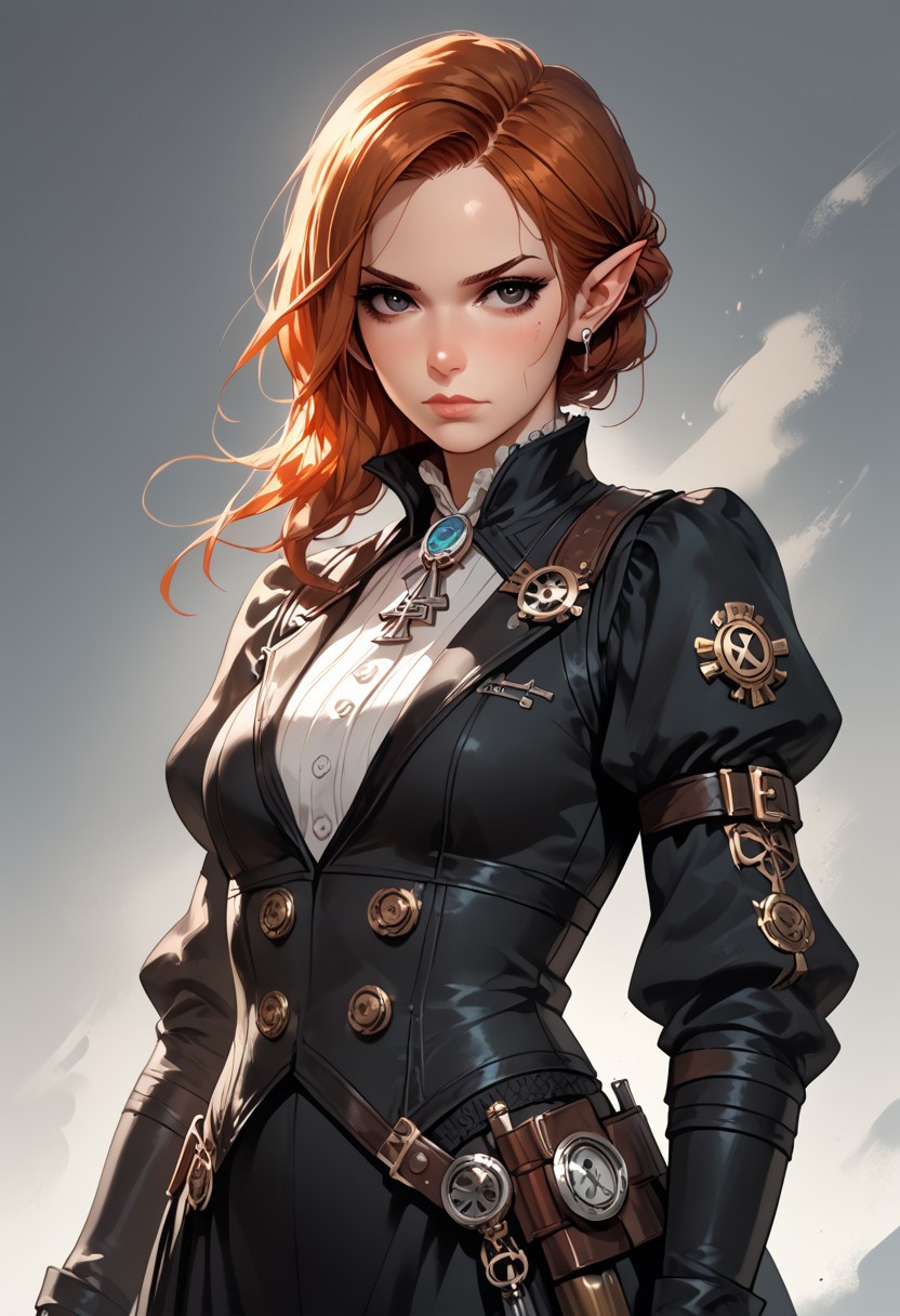 score_9, score_8_up, score_7_up, woman, simple background, gothic background, (order 1886), agent, shooter, (black eyes), gorgeous, elf, black outfit, (steampunk outfit), (gothic outfit), pale skin, solo, (silver jewelry), ornated clothes, standing up straight, calm face, (dark ginger hair), (mature), closed mouth, cowboy shot