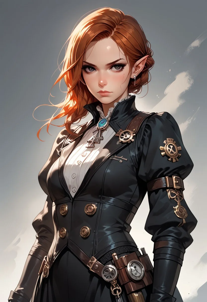 score_9, score_8_up, score_7_up, woman, simple background, gothic background, (order 1886), agent, shooter, (black eyes), gorgeous, elf, black outfit, (steampunk outfit), (gothic outfit), pale skin, solo, (silver jewelry), ornated clothes, standing up straight, calm face, (dark ginger hair), (mature), closed mouth, cowboy shot