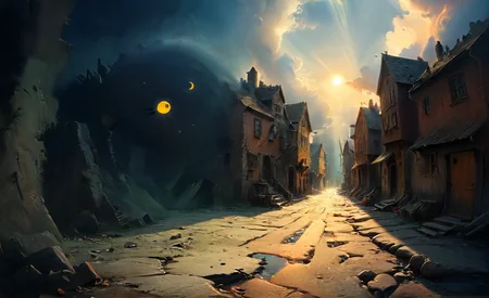 studio ghibli, darkest small necropolis night of the envy sitting hiding tiny dead wast (landscape:1.1), moon, eclipse, fog, BREAK lovely day of the happy living thriving busy , (village:1.1), city, sun, god-rays, highly detailed, landscape, panorama, wide-angle, moody, atmospheric, masterpiece, high resolution, hdr, 8k, composition, shadows, clouds, (complex:1.1), <lora:- SDXL - vanta-black_contrast_V3.0:0.7>, <lora:- SDXL - otclillsn_impossible_geo_V1.0:0.7>, <lora:dfantasy:0.8>, <lora:The_Simplest:0.8>, <lora:DonMP41n717Bl4ckXL:0.4>, <lora:SDXL - Style - EldritchRomanceIllustration1.3.1:0.4>, <lora:artfullyECHELIER_SDXL_V1:0.4>