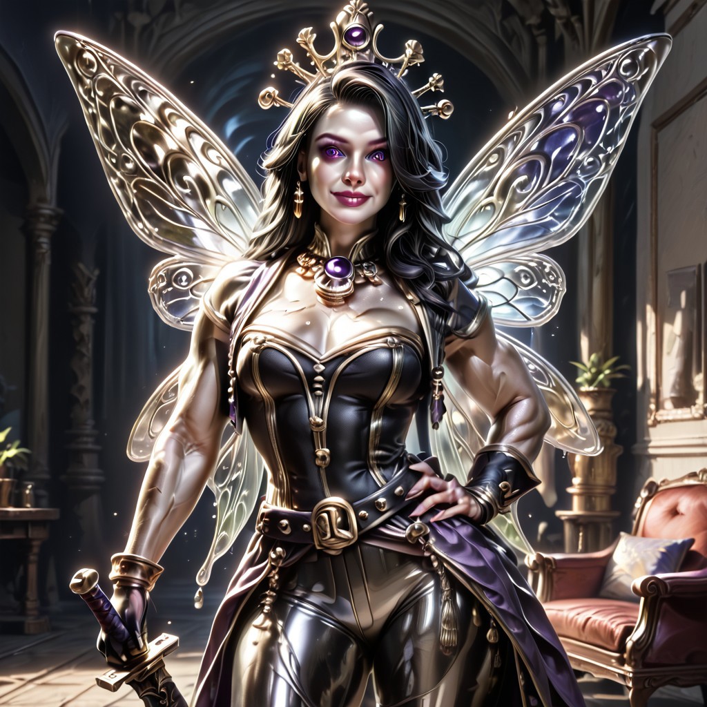 Action scene, Photo realistic, hyper realistic, score_9, rating_safe, solo (arch fey woman, (beautiful detailed face), (violet eyes), (bronze metallic gold skin ral-polishedsteel), (pirate, white blouse, black pants, gloves), (fairy wings), (long black hair), (thick thighs | large muscles), (sword belt)), standing next to a throne, in a detailed throne room, hi res, hi quality, 4k, realism