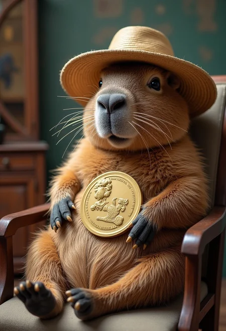 a capybara winning a nobel peace prize for being the most chill fellow. He lays on a chair and wears a straw hat. the prize is near the chair.