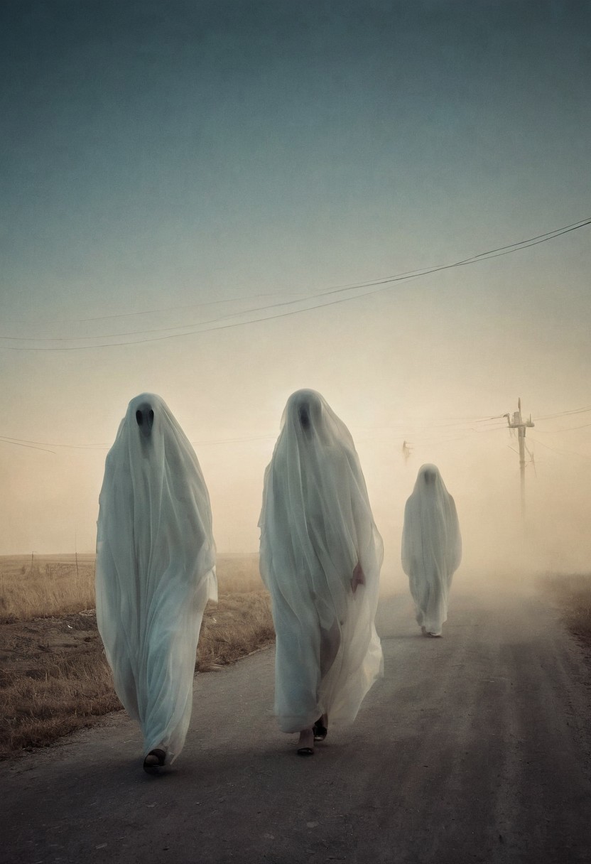 surrealist candida, ghosts, dreamlike, avant-garde, satire,everyday, surrealism, idioms candid. Strong Contrast. By Alex Andreev. sephia-tinted photography. with motion blur, slow shutter speed, and streaks of light.
