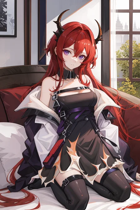 <lora:å²å°ç¹å°-000010:1>,surtr \\\(arknights\\\),surtr \(arknights\),horns,purple eyes,red hair,long hair,bare shoulders,bangs,dress,black dress,hair between eyes,chest strap,demon horns,off shoulder,thighhighs,black thighhighs,detached collar,indoors,kneeling,, 1girl,
, (masterpiece,best quality:1.2),absurdres