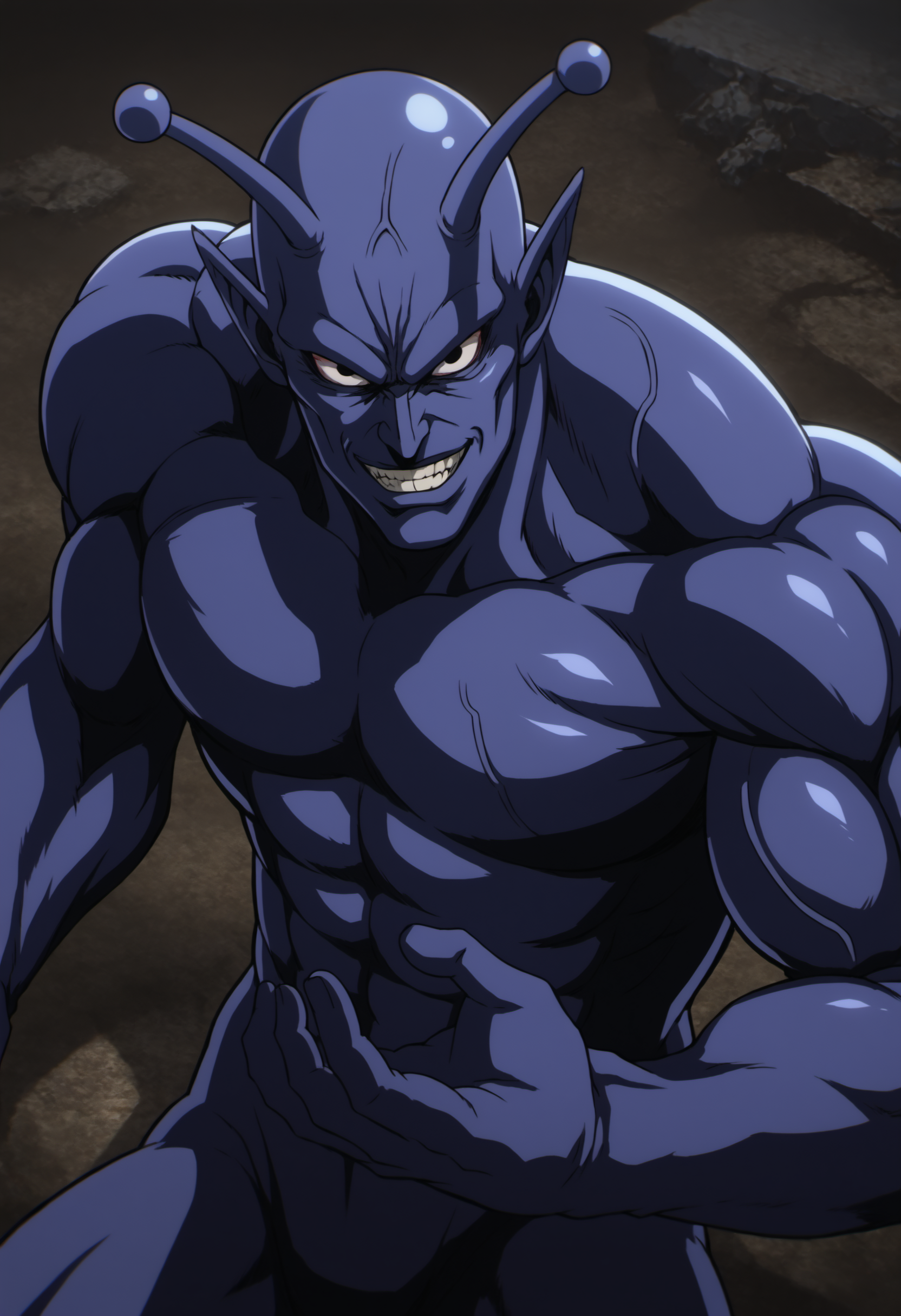 solo_focus, vaccineman_onepunchman, monster, purple skin,black eyes, pointy ears, white_sclara, antennae, veiny, score_8_up, score_7_up, score_6_up, score_9, manly, muscular, stocky body, big muscle, big arms, middle-age man, a man on ruin street, broken building,  dark sky, centered, face_focus, detailed eyes, 8k uhd, high quality, fight pose, from behind, evil_grin, smile, close up, looking at viewer