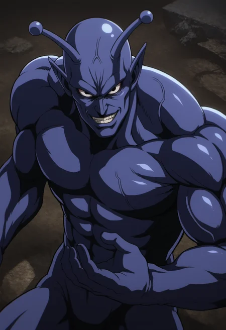 solo_focus, vaccineman_onepunchman, monster, purple skin,black eyes, pointy ears, white_sclara, antennae, veiny, score_8_up, score_7_up, score_6_up, score_9, manly, muscular, stocky body, big muscle, big arms, middle-age man, a man on ruin street, broken building,  dark sky, centered, face_focus, detailed eyes, 8k uhd, high quality, fight pose, from behind, evil_grin, smile, close up, looking at viewer