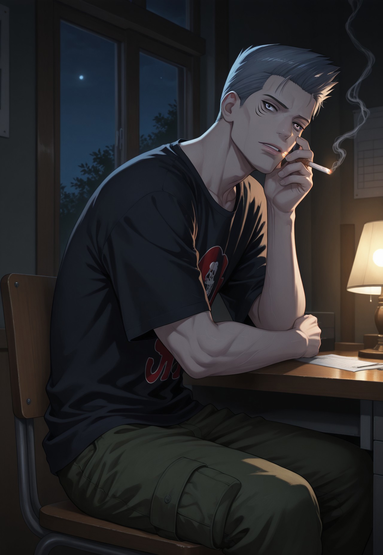 masterpiece, best quality, amazing quality, very aesthetic, absurdres, newest, naruKisa, hoshigaki_kisame, 1boy, solo, t-shirt, cargo pants, cigarette, smoking, lips pursed, upper body, indoors, sitting on chair, at desk, lamp, night, dark, looking inside