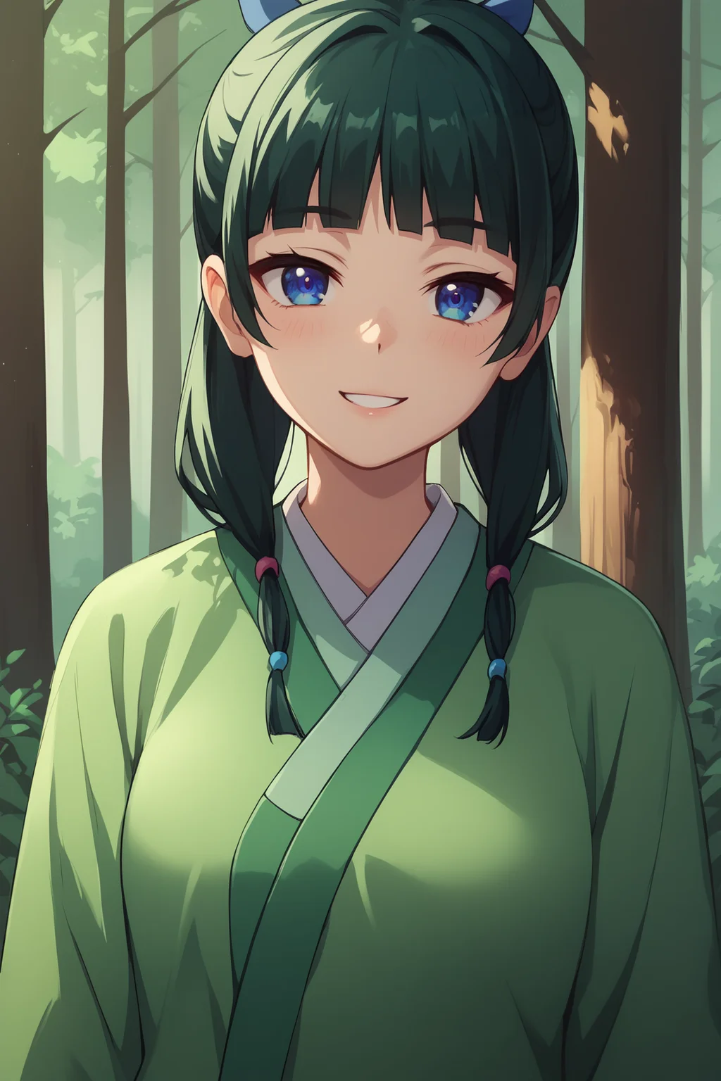 score_9, score_8_up, score_7_up, score_6_up, BREAK, MaoMaoTADPXL, blue eyes, green hair, long hair, twintails, blunt bangs, blue ribbon hair, medium breasts, green kimono, long sleeves, solo, front view, (portrait, upper body), solo focus, seductive smile, looking at viewer, forest, tree <lora:MaoMaoTADPXL:0.8>