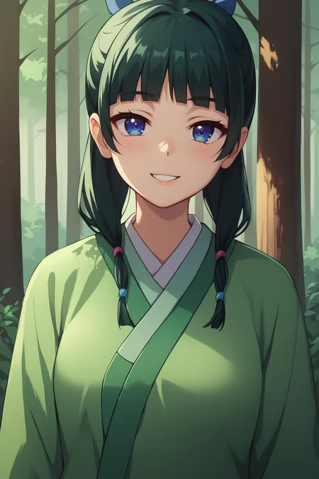 score_9, score_8_up, score_7_up, score_6_up, BREAK, MaoMaoTADPXL, blue eyes, green hair, long hair, twintails, blunt bangs, blue ribbon hair, medium breasts, green kimono, long sleeves, solo, front view, (portrait, upper body), solo focus, seductive smile, looking at viewer, forest, tree <lora:MaoMaoTADPXL:0.8>