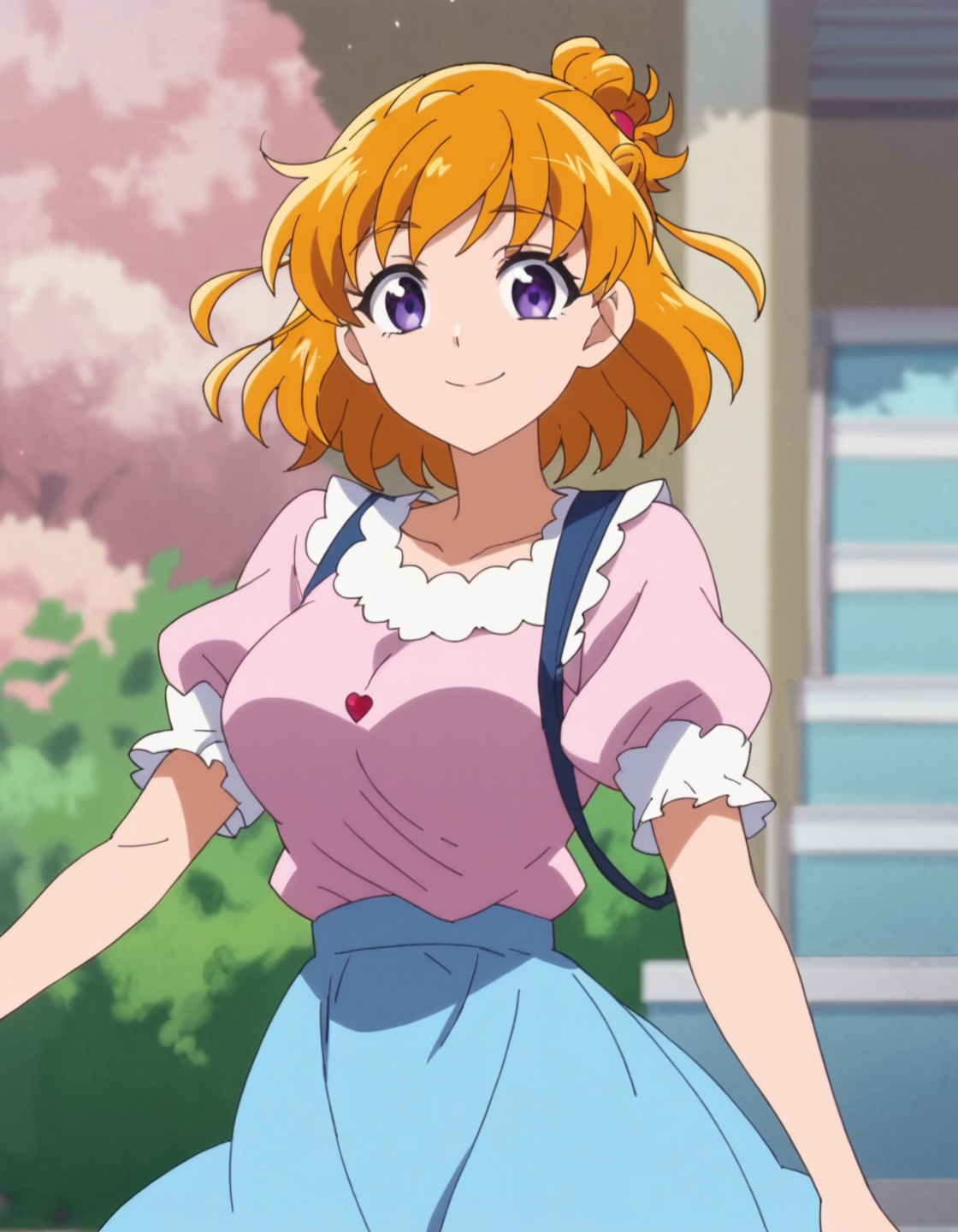 score_9, score_8_up, score_7_up, anime screencap, solo,1girl,asahinamiraimd, blue skirt,  short sleeves, pink shirt, puffy sleeves,purple eyes,smile, looking at viewer,cowboy shot,large breasts <lora:asahinamiraimd:0.8>
