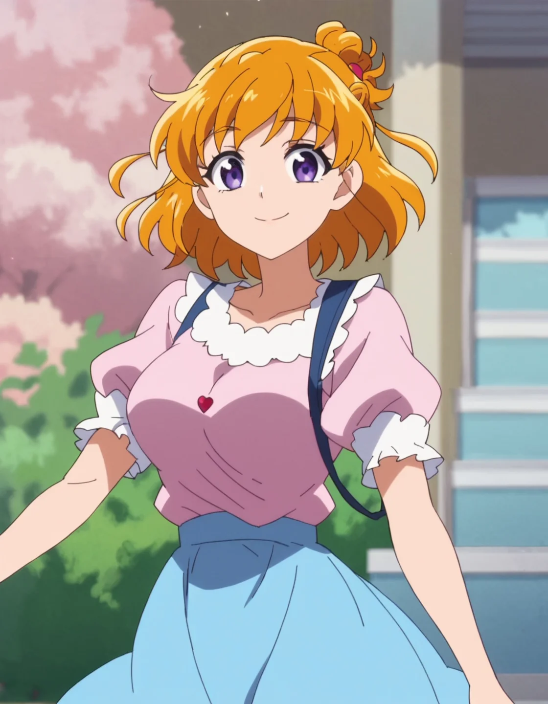 score_9, score_8_up, score_7_up, anime screencap, solo,1girl,asahinamiraimd, blue skirt, short sleeves, pink shirt, puffy sleeves,purple eyes,smile, looking at viewer,cowboy shot,large breasts <lora:asahinamiraimd:0.8>