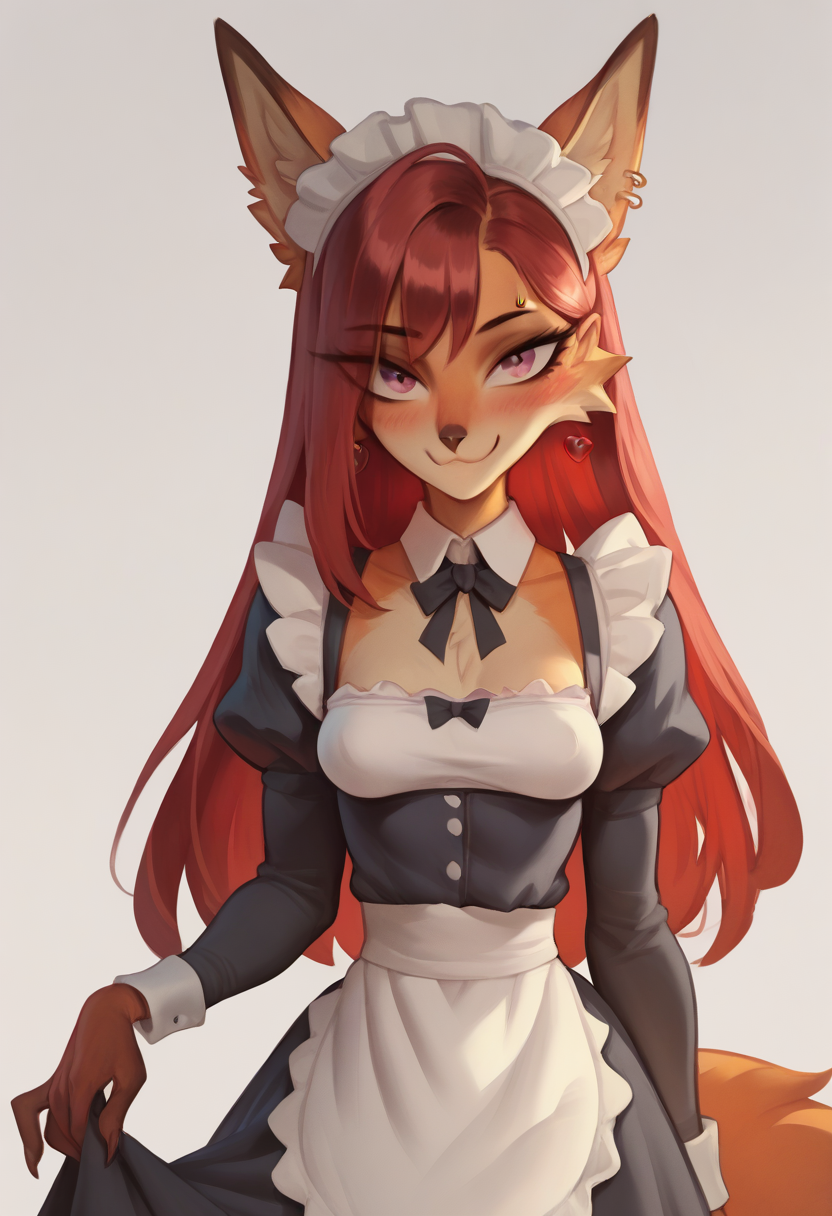 score_9, score_8_up, score_7_up, score_6_up, score_5_up, score_4_up, BREAK breasts, solo, blush, fox maid headdress, maid, looking at viewer, smile, grey background, simple background, apron, red hair, long hair, small breasts, closed mouth, pink eyes, long sleeves, earrings, jewelry, maid apron, spot color, dress <lora:Bonifasco_PonyXL_v1:1>