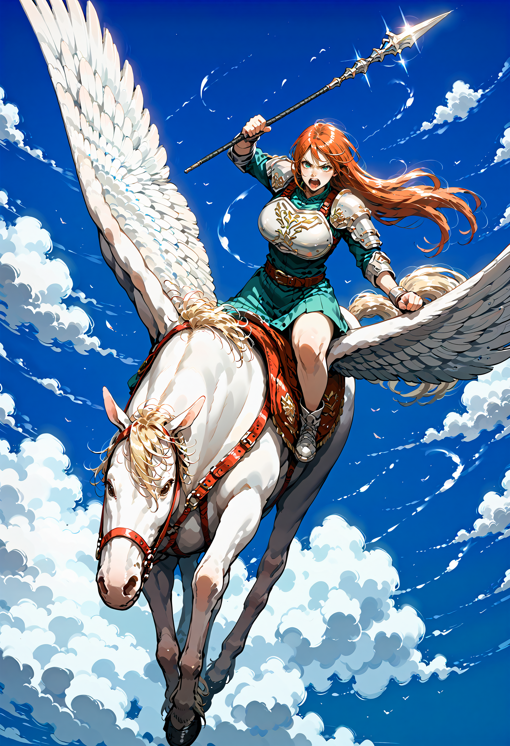 score_9,score_8_up,score_7_up,extreme detailed,full_body,zPDXL3 BREAK sky,flying,1girl,huge breasts,<lora:Pony_DetailV2.0:1>,
pegasus knight,horse,horseback riding,pegasus,long hair,shoulder armor,breastplate,pegasus knight uniform \(fire emblem\),<lora:pegasus knight-v3-pony:0.7>, polearm,holding weapon,fighting stance, v-shaped eyebrows,screaming,