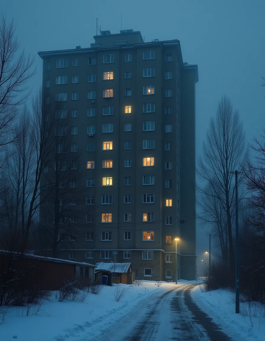 Soviet style apartment, windows lit up, foggy slightly covering the building, snow on ground, winter night, <lora:astmospheric_painting:1> An atmospheric painting of