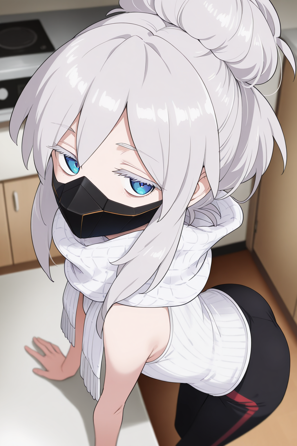 1girl,
DeuxMurasameGundamGQ, DMNormalOutfit,
general, solo, perspective, from behind, dynamic angle, 
grey hair, blue eyes, colored eyelashes, 
jitome,
black pants, 
mouth mask,
white scarf, sleeveless shirt, white shirt, 
arm support,
apartment, kitchen,
depth of field,
<lora:kp_DeuxMurasameGundamGQIllustrious_v1_0:1.0>,
masterpiece, best quality, amazing quality