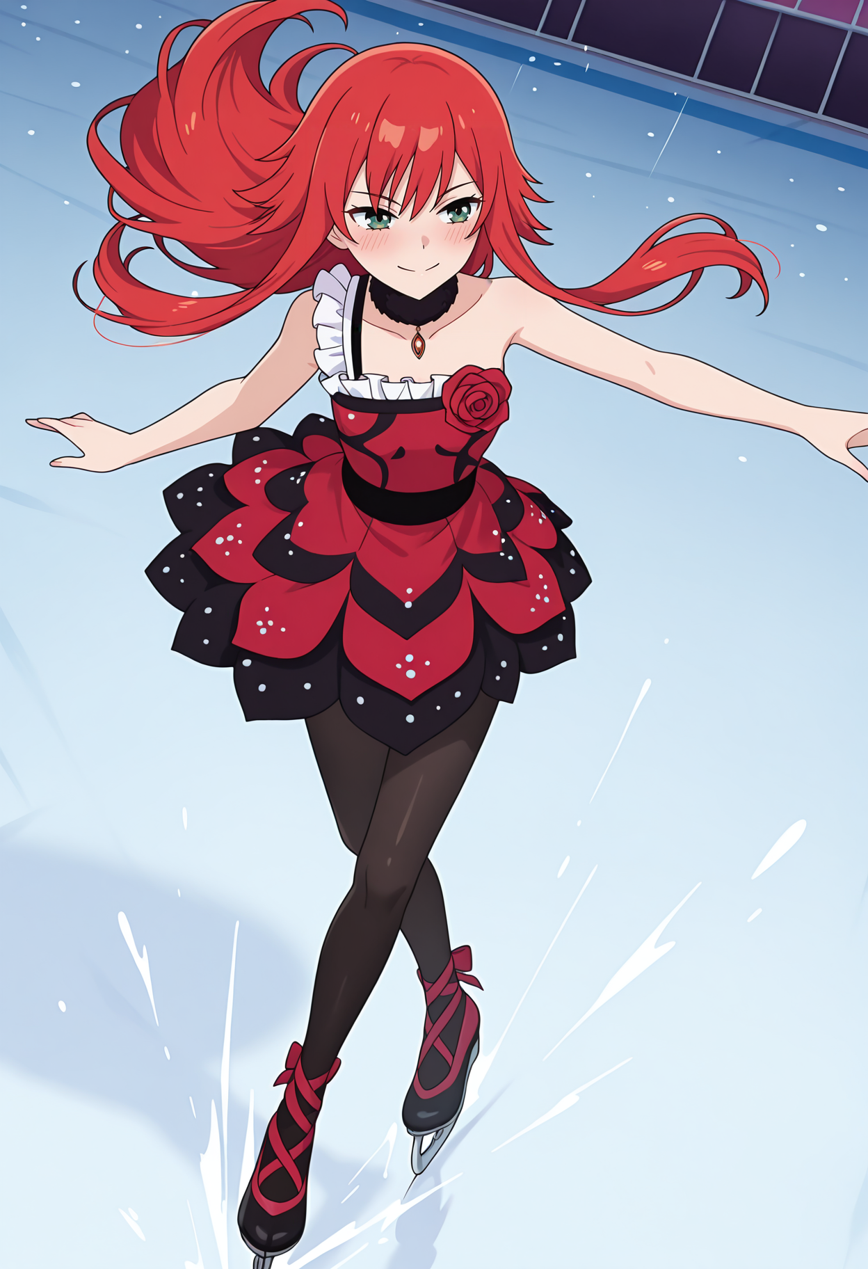 highres, best quality, masterpiece,
1girl, solo,
blush,
<lora:_beru_renjouji-elesico-ilxlB:1>  figure skating, skating rink, rnlvberu, long hair, red hair, green eyes, anime screencap,pbersdbs, two-tone dress, fur-trimmed choker, fur-trimmed choker, black choker, necklace, black dress, red dress, red rose, single strap, frilled straps, bare shoulders, black pantyhose,motion lines, dynamic pose, smile,