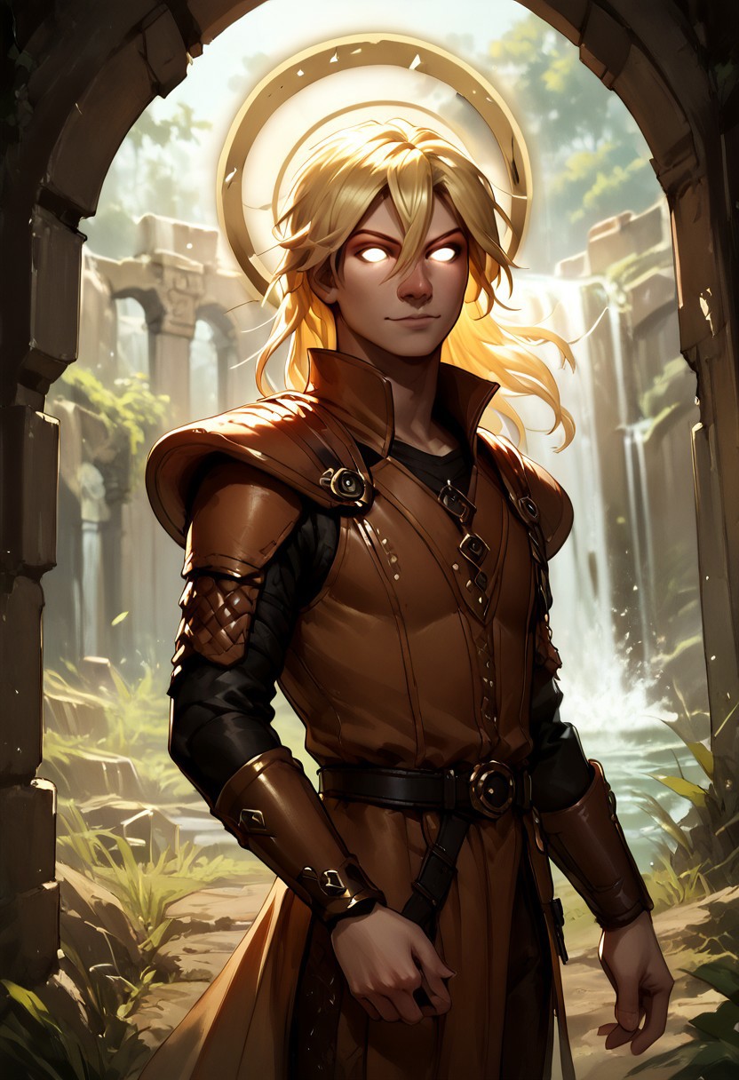 score_9, score_8_up, score_7_up, cowboy shot, 1boy, aasimar_protector, white eyes, halo, very long hair, (hair between eyes:1.2), lblonde hair, solo, slender body, looking at viewer, fantasy, , gold trim, light smile, ancient ruins, waterfall, wind blowing, rogue outfit, rogue leather , rogue hood,
