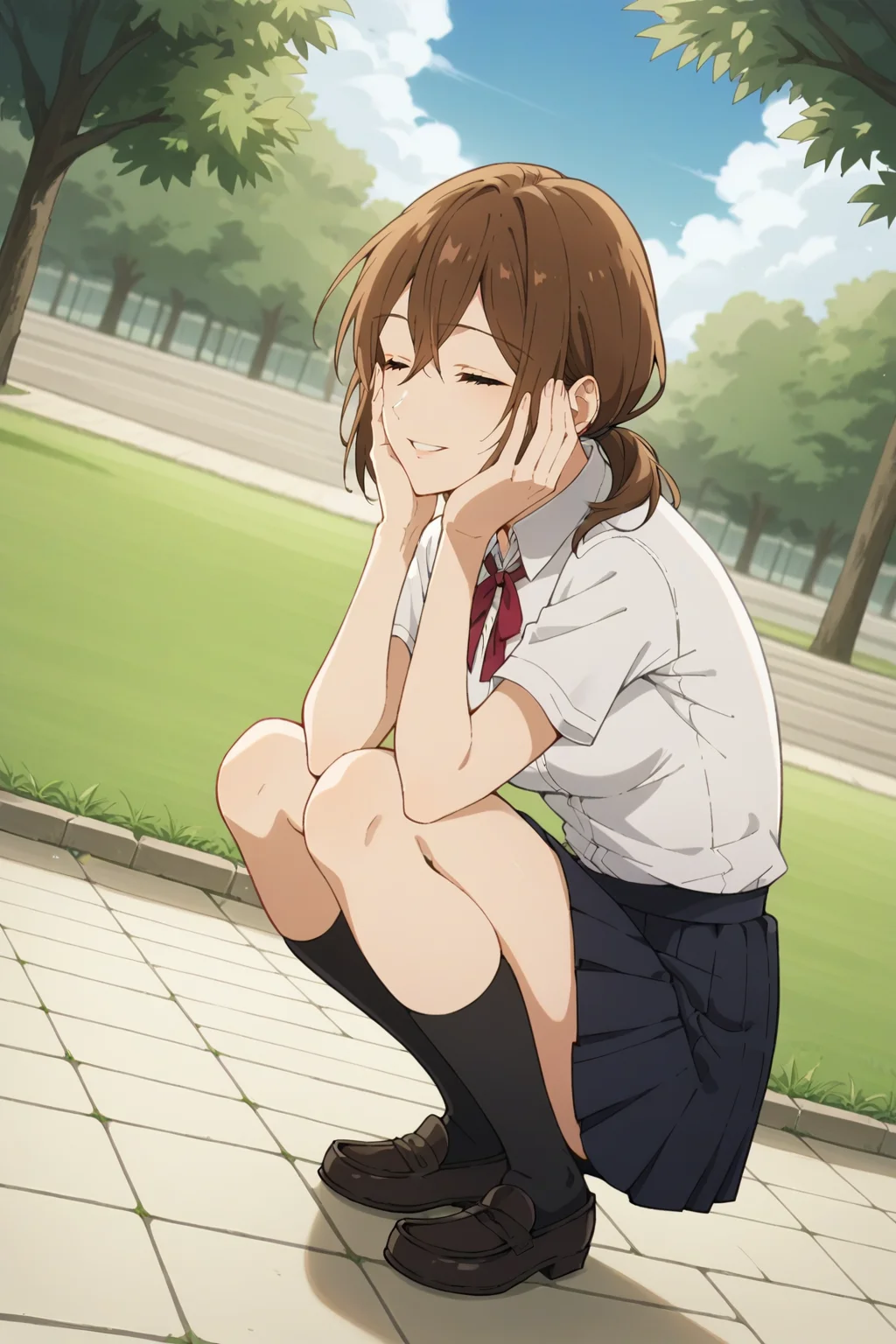score_9, score_8_up, score_7_up, source_anime, 1girl, prefect lighting, very aesthetic, intricate details, highly detailed background, masterpiece, high quality, prefect hands, solo, best quality,
<lora:Yuriko_Hori_young_V1-000007:.75>, brown hair, medium hair, hair between eyes, closed eyes, grey eyes, straight hair, low ponytail,
school uniform, black skirt, short sleeves, black loafers,
squatting, squat, hands on face, smile, parted lips, dutch angle, from side,
sunny, park, sidewalk, stone floor, grass, tree, cloudy sky, under shade, shade,
(Beautiful, medium Breasts:1.2), natural breasts,