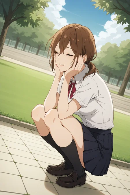 score_9, score_8_up, score_7_up, source_anime, 1girl, prefect lighting, very aesthetic, intricate details, highly detailed background, masterpiece, high quality, prefect hands, solo, best quality,
<lora:Yuriko_Hori_young_V1-000007:.75>, brown hair, medium hair, hair between eyes, closed eyes, grey eyes, straight hair, low ponytail,
school uniform, black skirt, short sleeves, black loafers,
squatting, squat, hands on face, smile, parted lips, dutch angle, from side,
sunny, park, sidewalk, stone floor, grass, tree, cloudy sky, under shade, shade,
(Beautiful, medium Breasts:1.2), natural breasts,