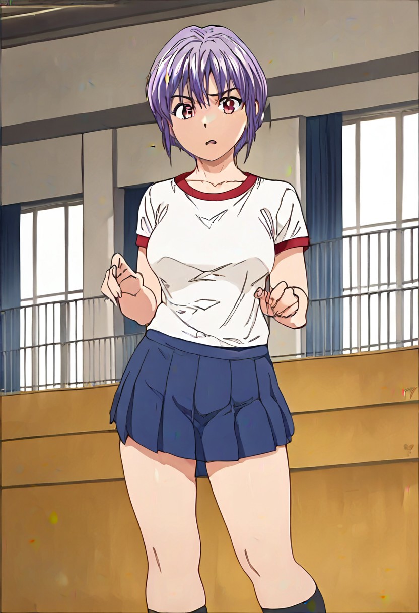 score_9, score_8_up, score_7_up, score_6_up, score_5_up, anime screencap, anime coloring, retro artstyle, uncensored
Takamine, 1girl, purple hair, short hair, purple eyes, white shirt, black socks, standing, pleated skirt, blue skirt, white footwear, shoes, breasts
indoors, gymnasium, detailed background, shocked, wide eyes, disgusted look, hands up