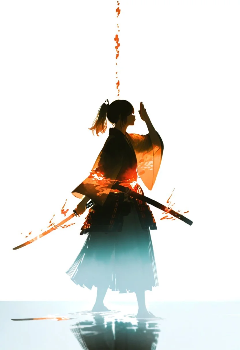 a dipiction of a samurai warrior wielding a katana, blending form with reality. Glitching the surreal with blurred dreams on a white background. Woven light fuses delicatly with whispering shimmers creating a eyecatching and masterpiece artwork. drifting fog, cracked light and smokey haze in floating threads finishes the dreamlike reality.