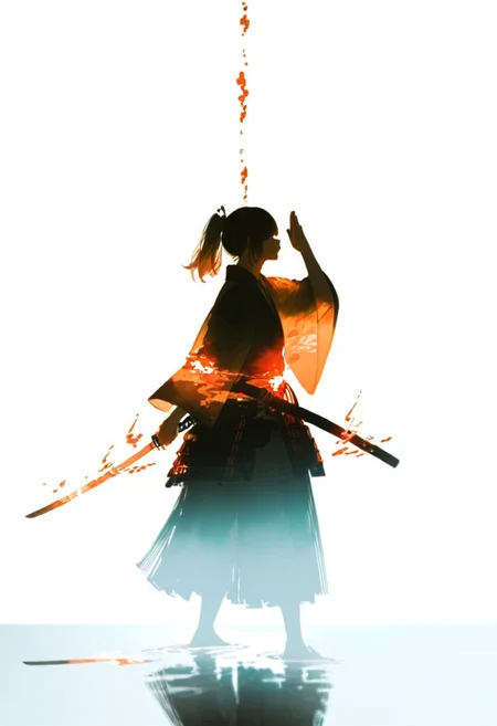 a dipiction of a samurai warrior wielding a katana, blending form with reality. Glitching the surreal with blurred dreams on a white background. Woven light fuses delicatly with whispering shimmers creating a eyecatching and masterpiece artwork. drifting fog, cracked light and smokey haze in floating threads finishes the dreamlike reality.