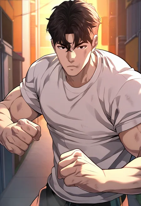 1boy, male focus, solo,
<lora:Character - Questism - Gu_HajunPony-10 (2):1> guhajun, short hair, black hair, black eyes, muscular, muscular male
((zPDXL)), score_9_up, score_8_up, score_7_up, score_6_up, score_5_up, score_4_up, best quality, amazing quality, best aesthetic, absurdres, year2023, uncensored, nsfw, official art, official style, depth of field, detailed eye,
outdoors, night, t-shirt, alley,
fighting stance, clenched hands, dirty face, boxing,