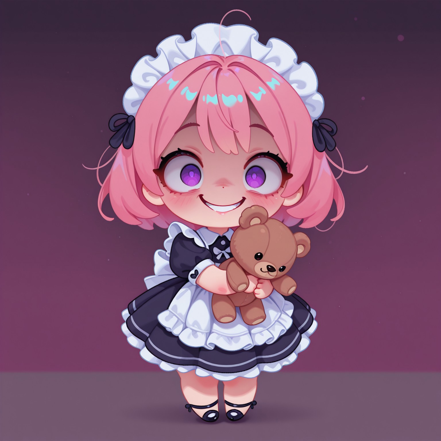 masterpiece, best quality, amazing quality, very aesthetic, absurdres, newest, pikaole, cute, chibi, full body, solo, female, CivChan, purple eyes, pink hair, maid uniform, hugging teddy bear, crazy eyes, smirk, purple half-tone background,