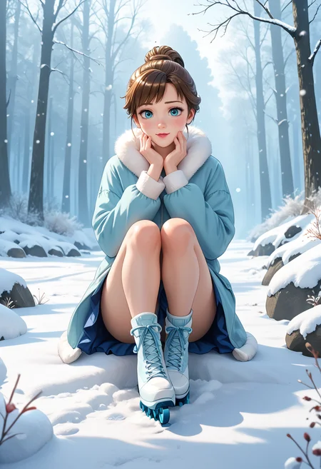 masterpiece, best quality, highly detailed, score_9, score_8_up, score_7_up, score_6_up, source_anime, high resolution, 8k,  very aesthetic, absurdres, dim lighting, gentle shadows,
frozen lake surrounded by snow-covered trees, the surface glistening like glass under the soft light of a pale winter sun, faint trails of animal footprints crisscrossing the snowy banks, creating a tranquil and pristine atmosphere BREAK charming woman, shoulder-length dark brown hair tied back in a loose ponytail, her cheeks flushed from the cold, sitting on the edge of a wooden dock dusted with snow, lacing up a pair of ice skates with a soft, focused expression, exuding quiet determination and grace BREAK the serene beauty of the frozen landscape combined with her calm and thoughtful presence creates a moment of delicate harmony in the winter setting
<lora:DNDFG:0.2>,
 <lora:backgroundon:1>