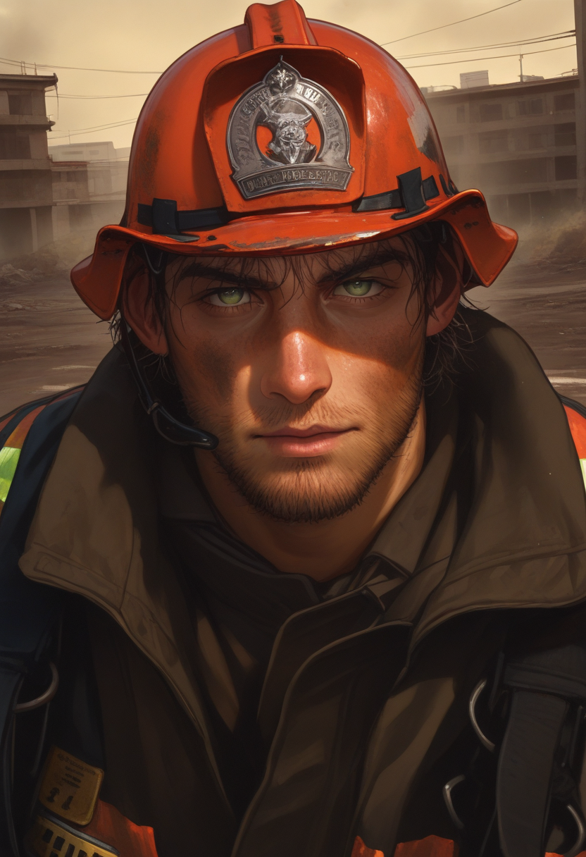 embedding:Illustrious\Positive\IllusP0s, embedding:Illustrious\Positive\IllustriousQual, muses_in_dark, 1boy, male focus, facial hair, solo, beard, helmet, firefighter, firefighter uniform, looking at viewer, dirty, stained, black hair, jacket, ground vehicle, short hair, stubble, green eyes, building, outdoors, dark theme, inconsistent lighting, realistic