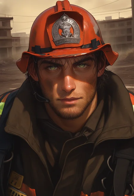 embedding:Illustrious\Positive\IllusP0s, embedding:Illustrious\Positive\IllustriousQual, muses_in_dark, 1boy, male focus, facial hair, solo, beard, helmet, firefighter, firefighter uniform, looking at viewer, dirty, stained, black hair, jacket, ground vehicle, short hair, stubble, green eyes, building, outdoors, dark theme, inconsistent lighting, realistic
