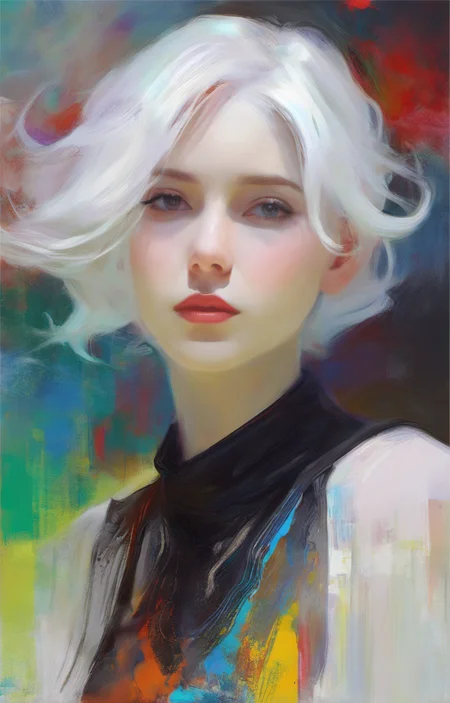 (Style by NTY:1.4), a woman, black shirt, white hair, intricate, colorful, <lora:OilPaint:0.7>