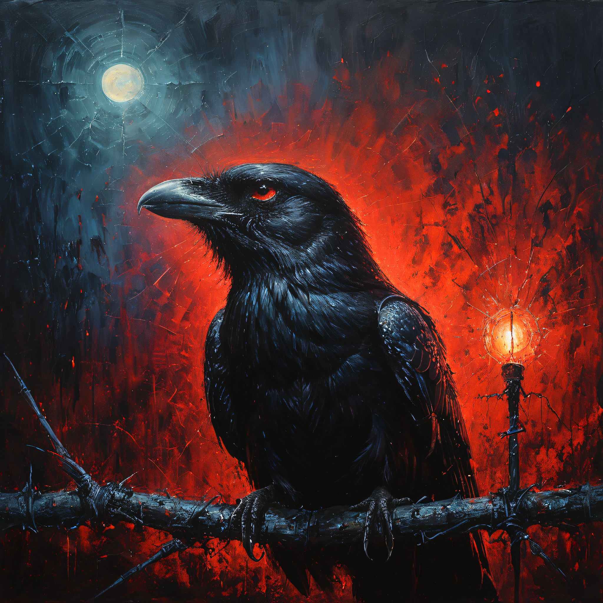a raven sits on a barbed wire fence, open beak, red glowing eyes, detailed skin, detailed eyes, small lights in the background, lightning in the sky, drawing, dramatic lighting, vibrant colors, Intricate, highly detailed, high quality, centered, ultra hd, sharp focus