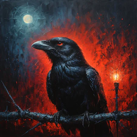 a raven sits on a barbed wire fence, open beak, red glowing eyes, detailed skin, detailed eyes, small lights in the background, lightning in the sky, drawing, dramatic lighting, vibrant colors, Intricate, highly detailed, high quality, centered, ultra hd, sharp focus
