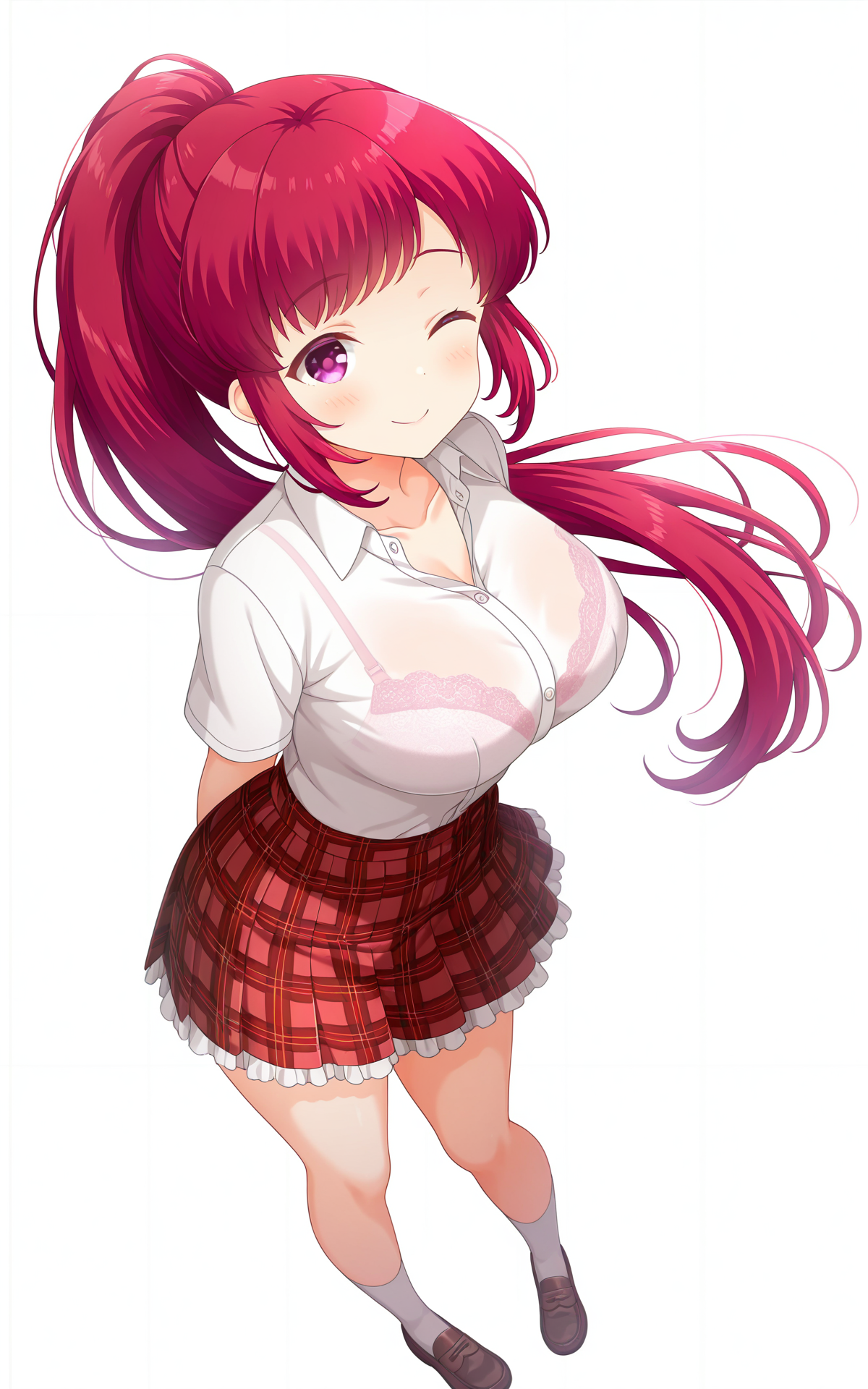 masterpiece, best quality, good quality, newest,4k, perfect lighting, cinematic, very aesthetic, official art, anime screencap, anime coloring,(((white background, simple background))),
1girl,solo,asami kei,long hair,red hair,ponytail,purple eyes,large breasts,
seio school uniform,white shirt,collared shirt,short sleeves,collarbone,(bra visible through clothes:0.8),red skirt,plaid skirt,frilled skirt,miniskirt,thick thighs,white socks,loafers,
looking at viewer,smile,one eye closed,arms behind back,from above,fisheye,full body,BREAK
<lora:ILkei:1>