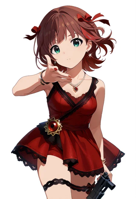 score_9, score_8_up, score_7_up, source_anime,
standing, throwing at viewer, grenade throw, cowboy shot, white background, 
ammhrk, short hair, medium hair, brown hair, bangs, (red hair ribbon:1.2), green eyes, medium breasts, 
idol costume, red dress, lace trim, luxury, thighs, lace thigh strap, earrings, necklace, bracelet, nail polish, detailed eyes, eye refraction,