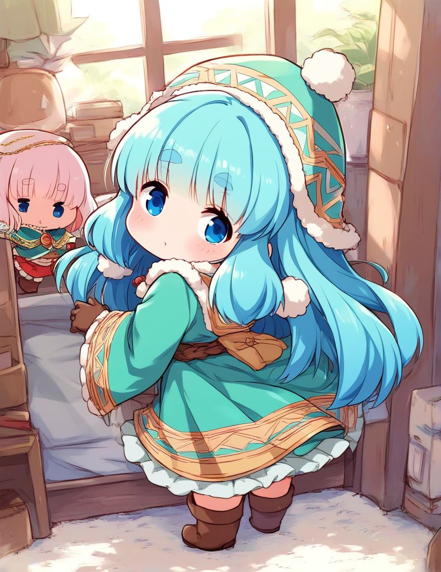 score_9, score_8_up, score_7_up, source_anime, rating_explicit, BREAK  <lora:Runemaster_XL:1>
runemaster, long hair, blue eyes,  bangs, very long hair, aqua hair, thick eyebrows, blue hair, chibi,　looking to the side,From Behind,
gloves, hat, full body, dress, boots, pom pom (clothes), looking at viewer,  brown footwear, brown gloves, long sleeves, wide sleeves, green dress,
room,
