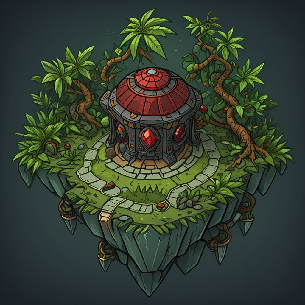 1 island, green to lime color,  jungle, many leafs,  lakes, swamp, (rocky stone ruins:0.8), overgrown wide, plain darkgray to gray background, mecha rusty parts, (((thick outlines:2.2))), (magic gemstone glowing red:1.2)